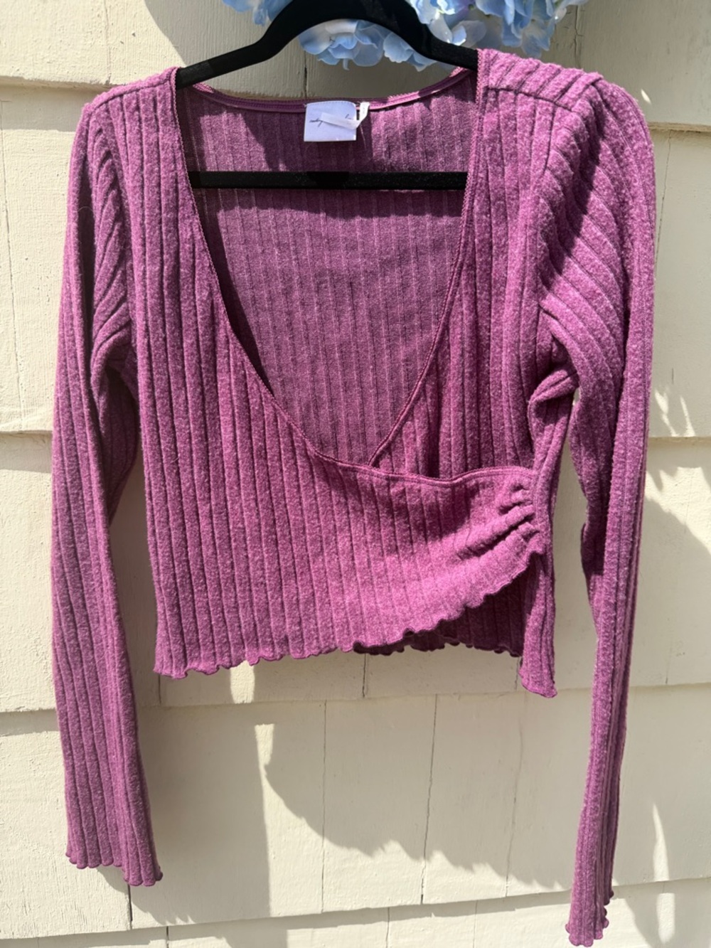 Ribbed Wrap-Front Cropped Shirt - Mauve Pink